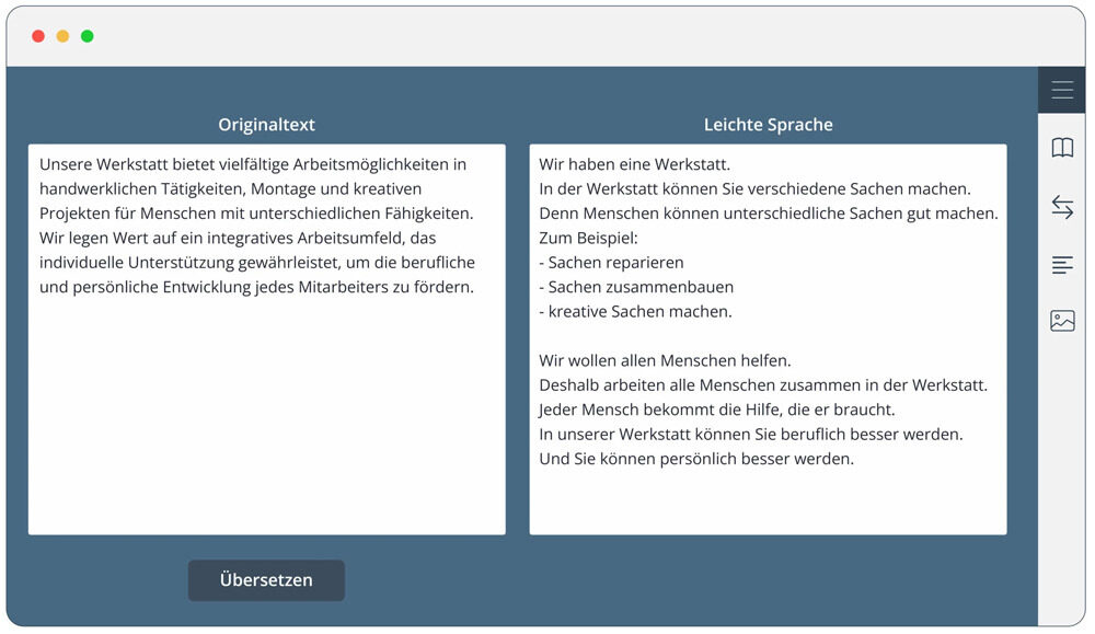 Neben einem Originaltext in Alltagssprache ist die Übersetzung in Leichte Sprache zu sehen.