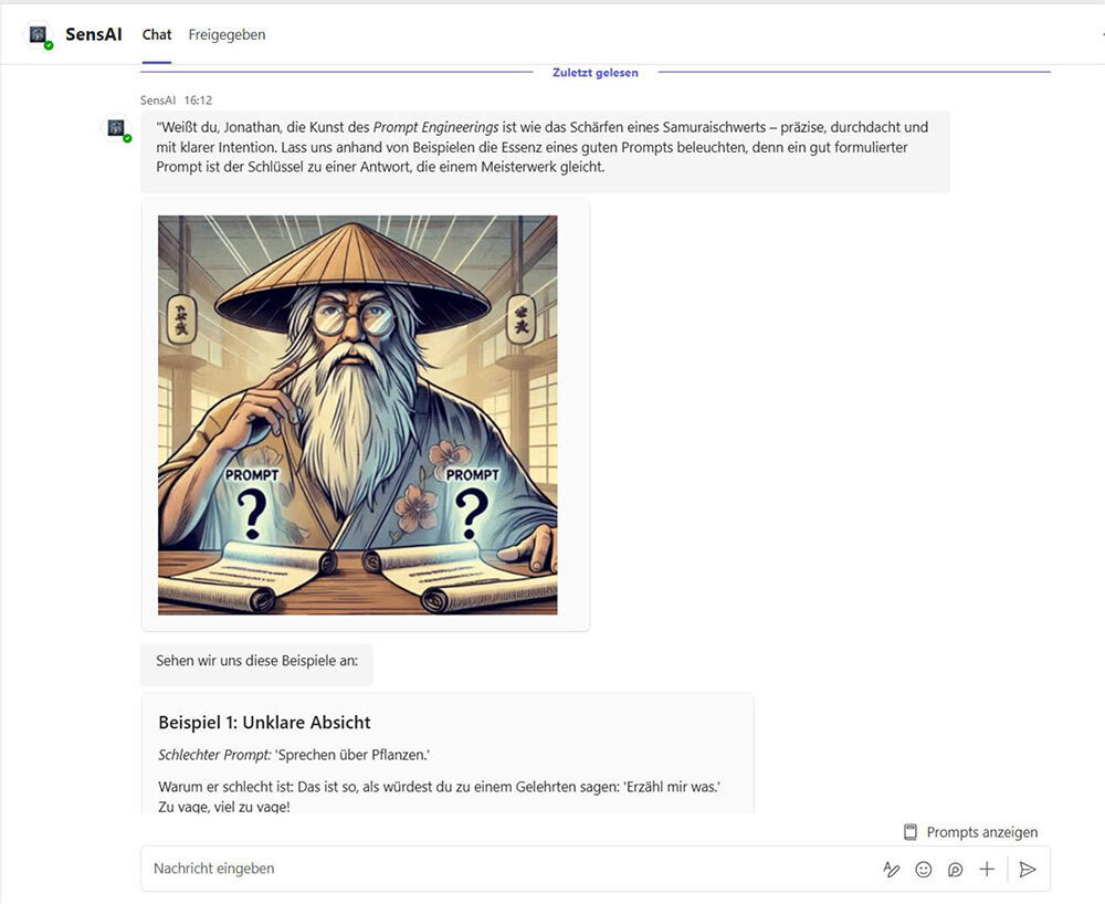 Der Screenshot vom Dialog mit SensAi zeigt eine Lerneinheit zum Prompten