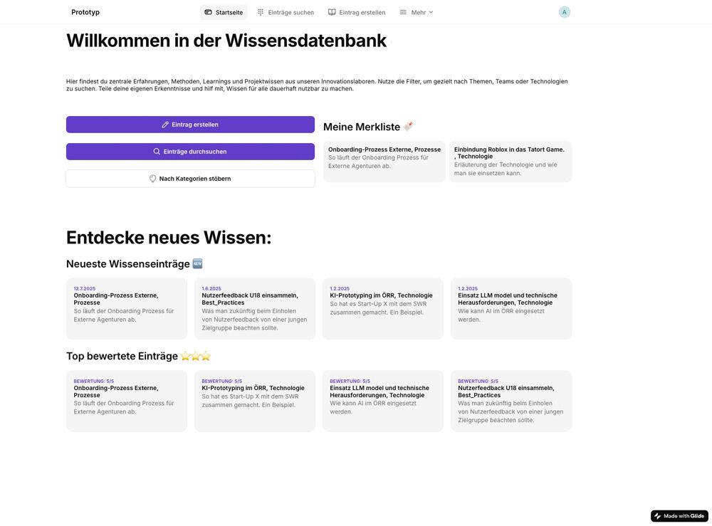 Die Startseite ist eine einladende Oberfläche mit verschiedenen Möglichkeiten